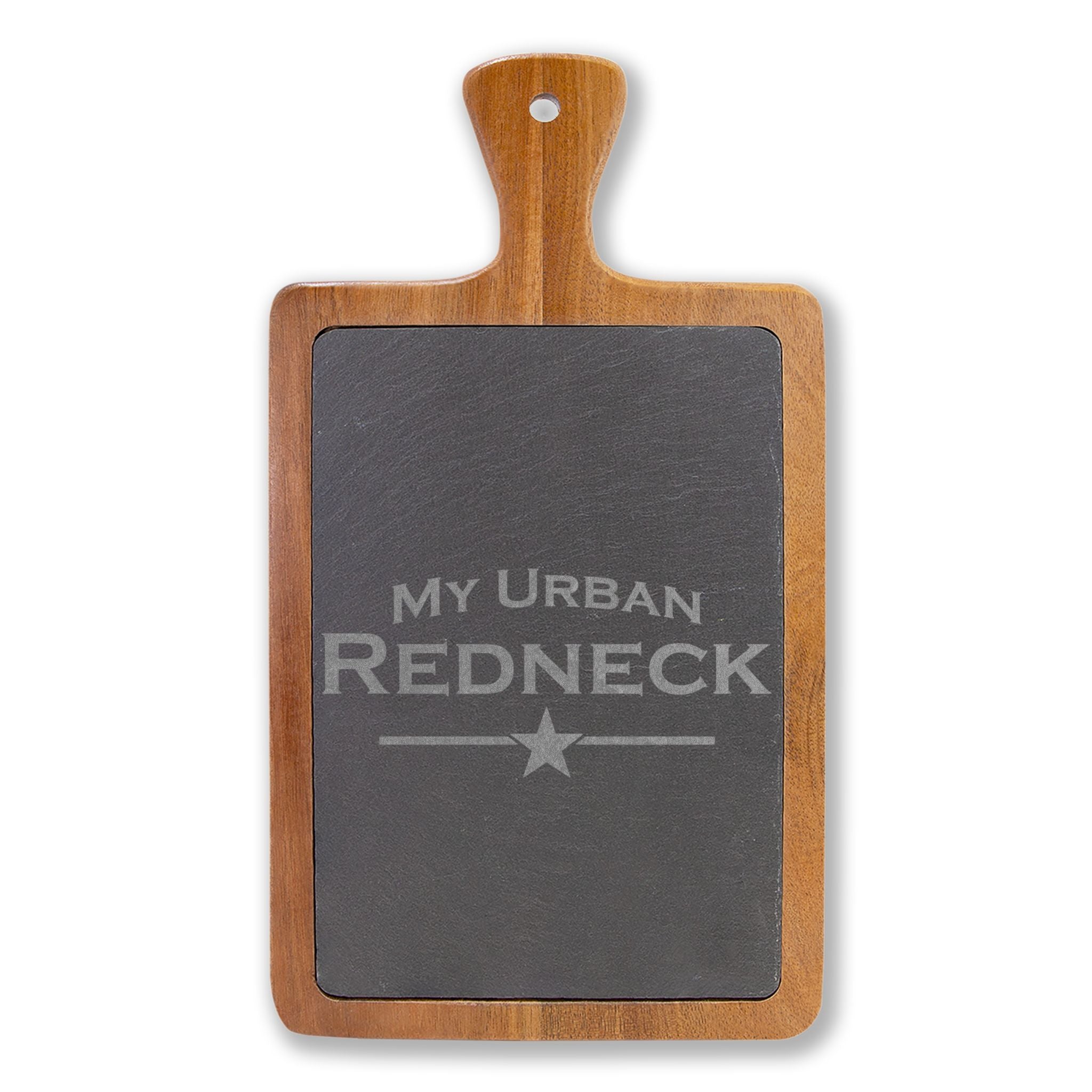 Engraved Acacia Charcuterie Board with Slate Insert — "My Urban Redneck" Cheese Set