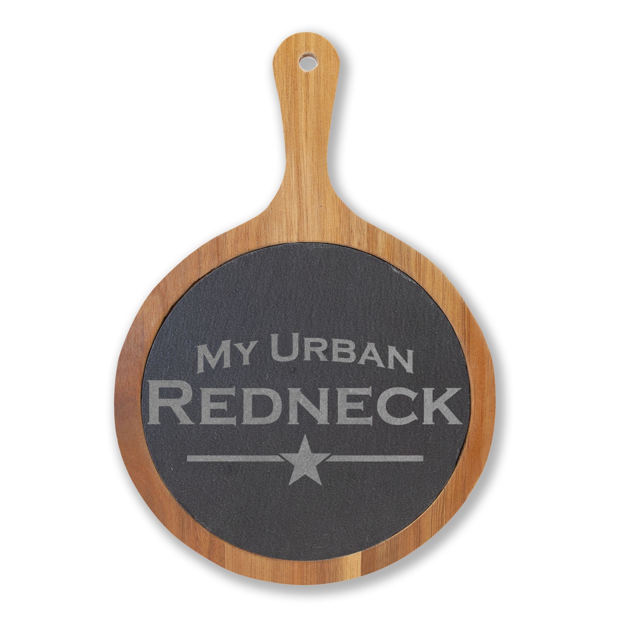 Engraved Acacia Charcuterie Board with Slate Insert — "My Urban Redneck" Cheese Set