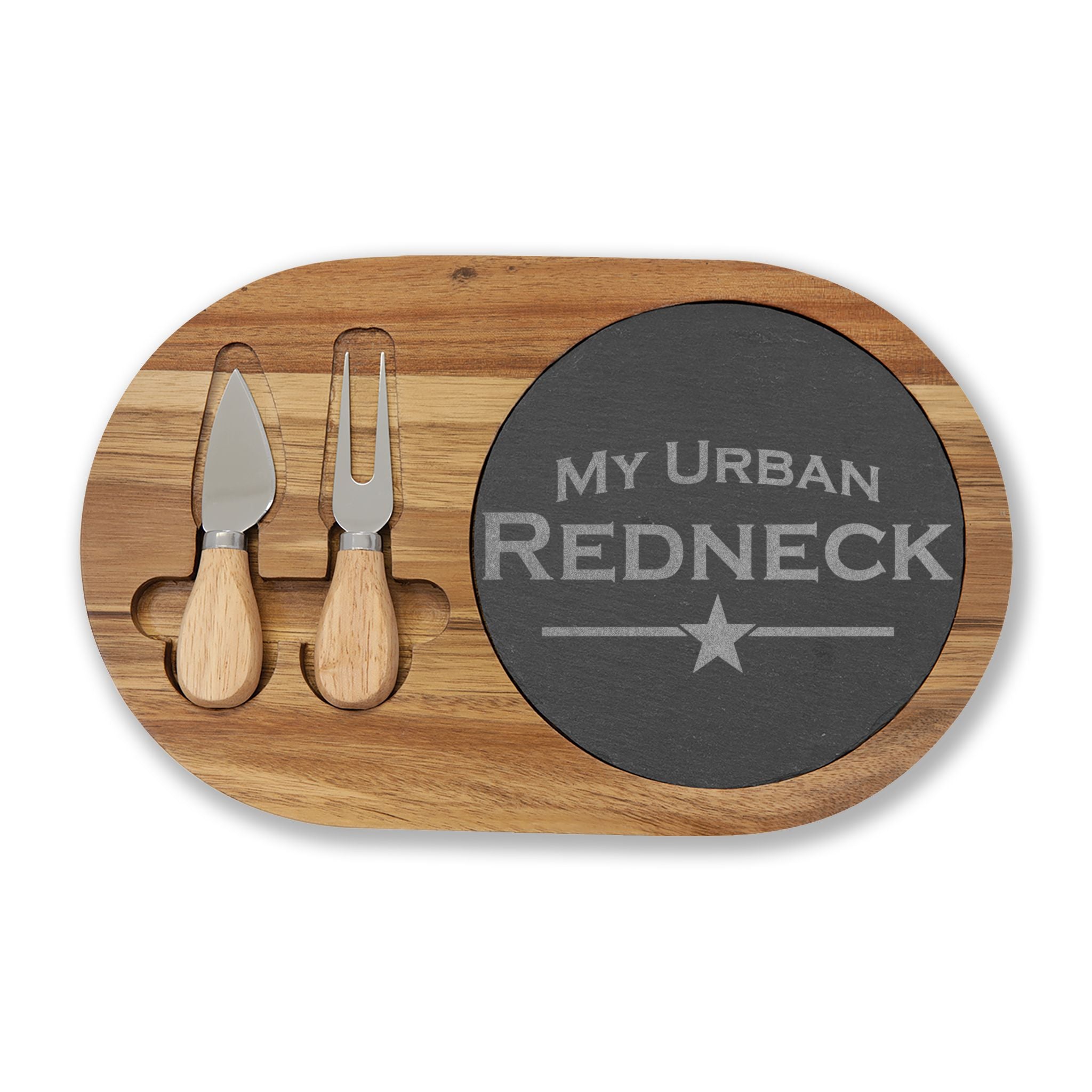 Engraved Acacia Charcuterie Board with Slate Insert — "My Urban Redneck" Cheese Set