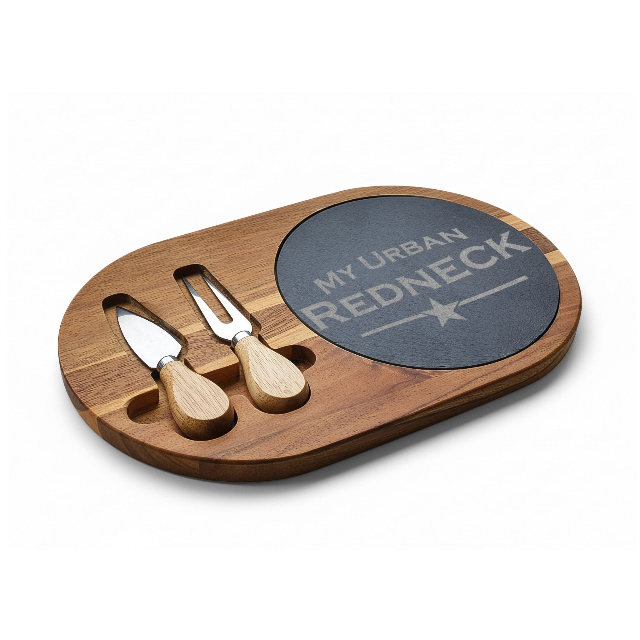 Engraved Acacia Charcuterie Board with Slate Insert — "My Urban Redneck" Cheese Set